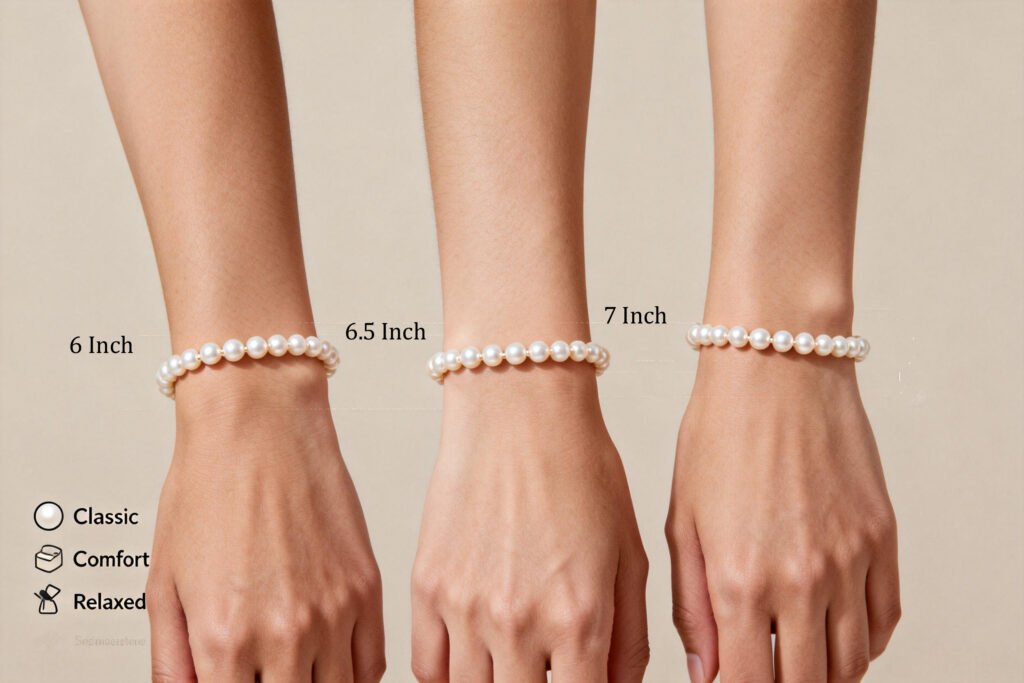 Visual comparison of a pearl bracelet worn in three fits: Snug Classic, Comfort, and Relaxed.