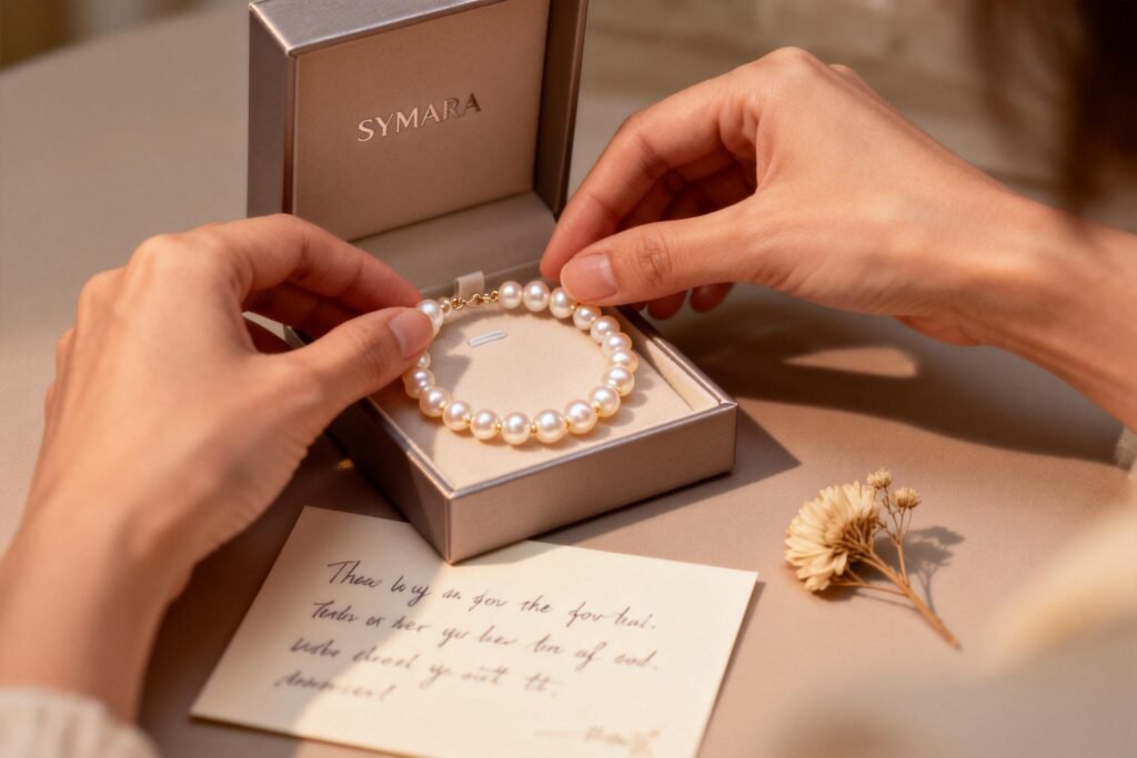 Hands placing a pearl bracelet into a gift box, symbolizing thoughtful gifting and easy solutions.