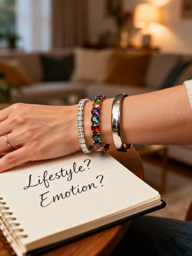 A personal scene with stacked bracelets and a notebook listing key questions for choosing jewelry, reflecting on individual style.