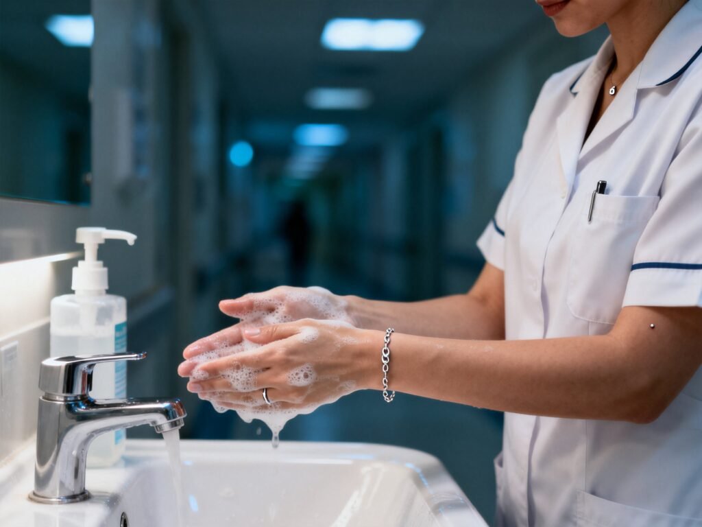 A healthcare professional washing hands while wearing a practical and hypoallergenic platinum bracelet and stud earrings in a clinical setting.