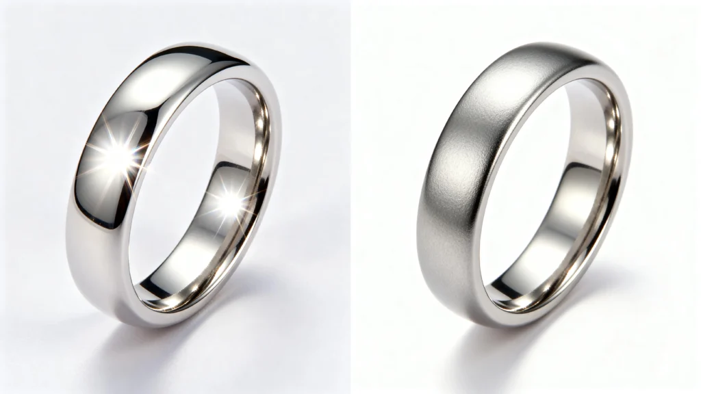 Split-screen macro comparison showing a polished platinum band next to one with a soft patina finish.