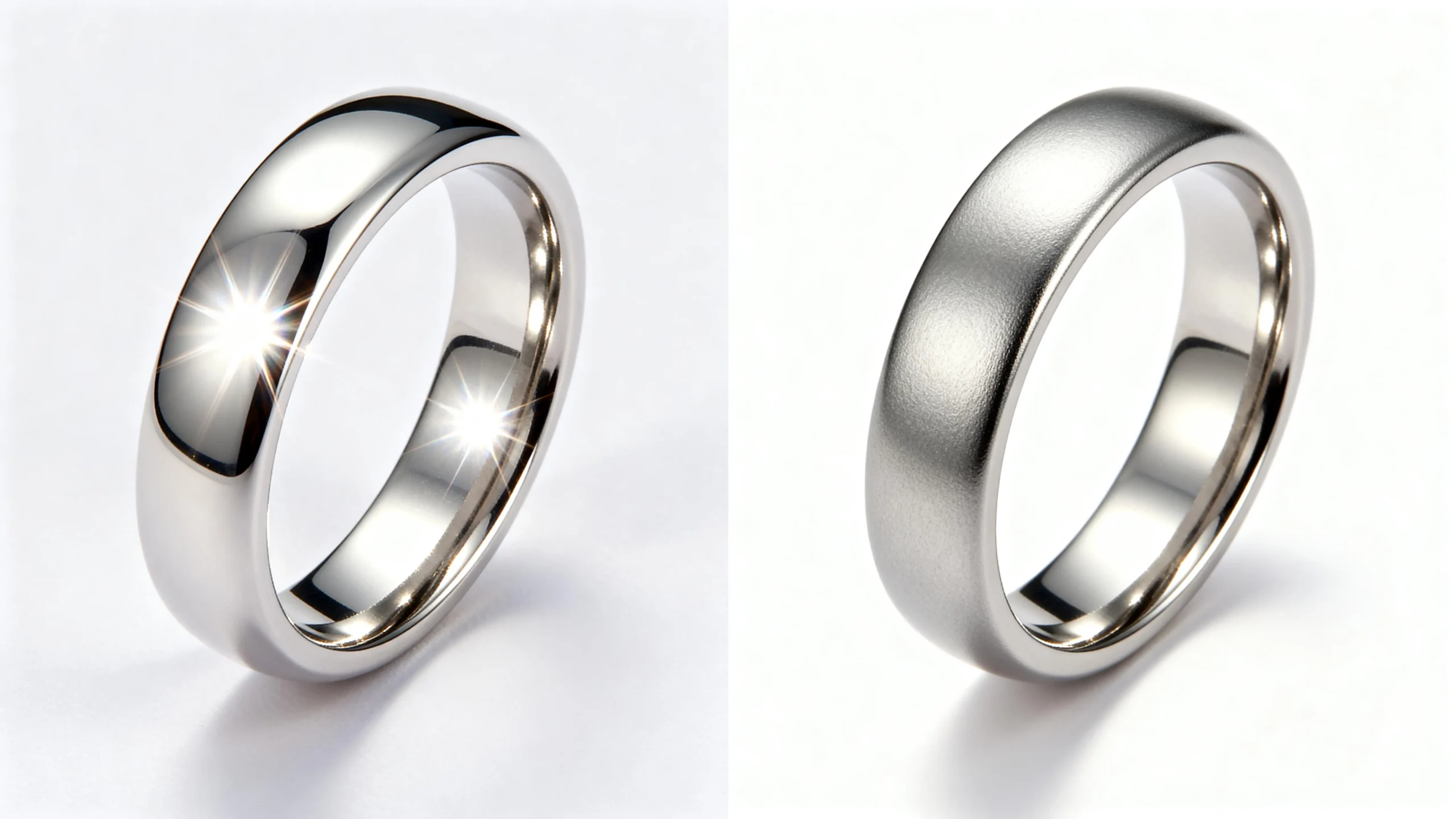 Split-screen macro comparison showing a polished platinum band next to one with a soft patina finish.