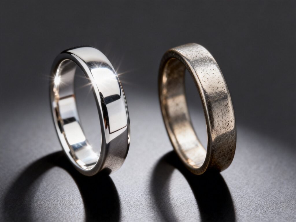 Comparison of a new polished platinum ring band versus one with a soft, worn patina.