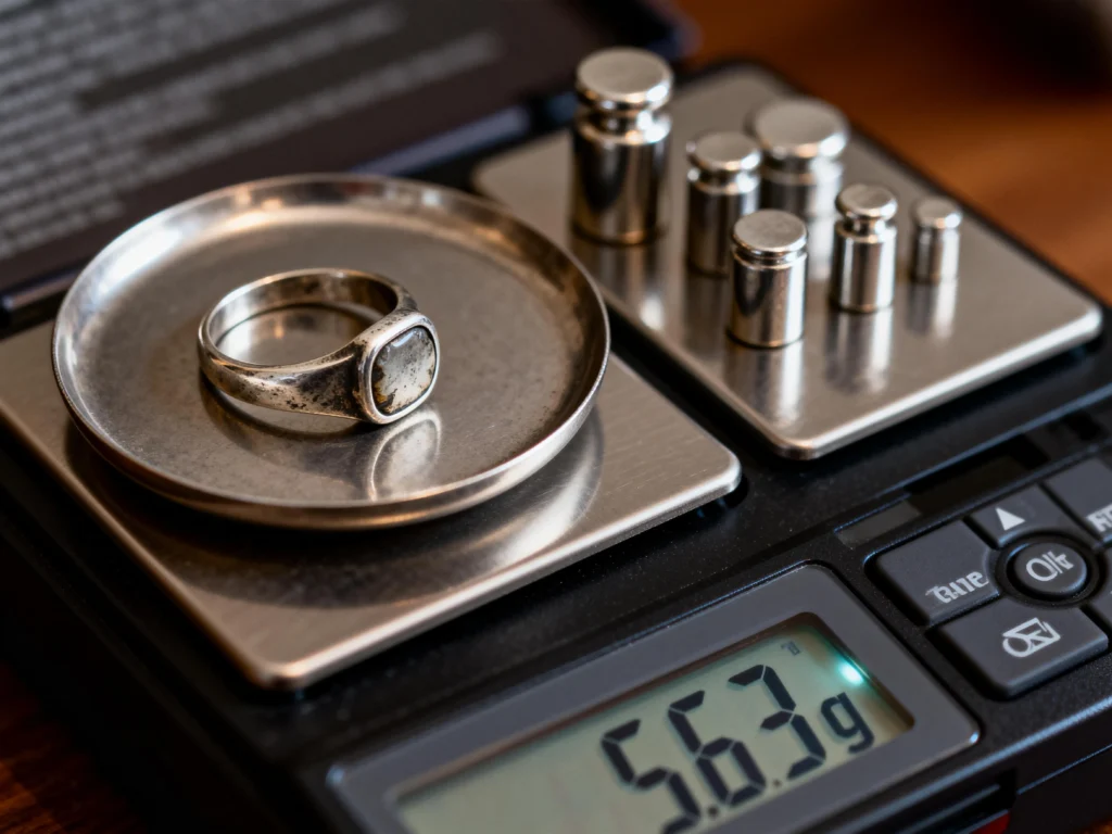 A patinated platinum ring being weighed on a precise digital jewelry scale.