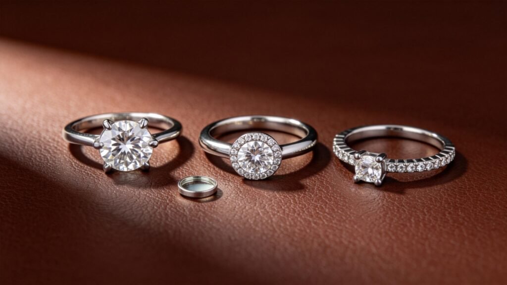 Comparison of prong, bezel, and pave engagement ring settings on leather display