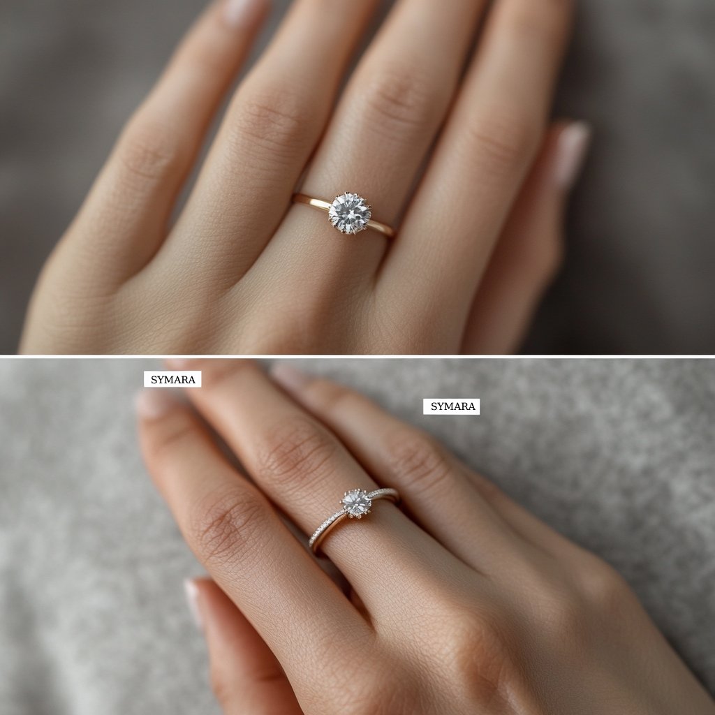 Visual guide balancing simple engagement ring with sparkly band, and ornate ring with minimal band