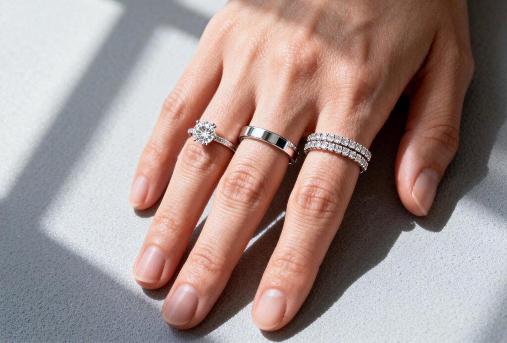 Solitaire engagement ring with plain and diamond pavé wedding band options stacked on finger