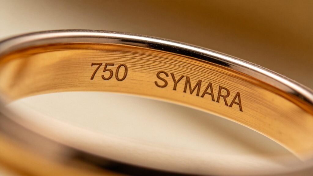 Macro close-up of SYMARA 18K and 750 hallmarks stamped inside a gold ring.