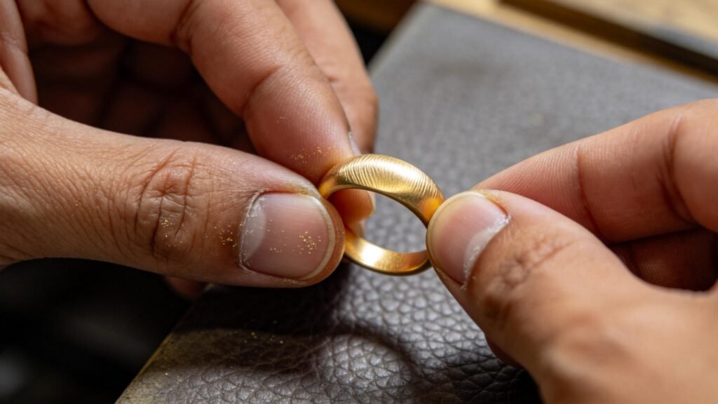 Artisan‘s hand gently deforming a 24K pure gold band to show softness.