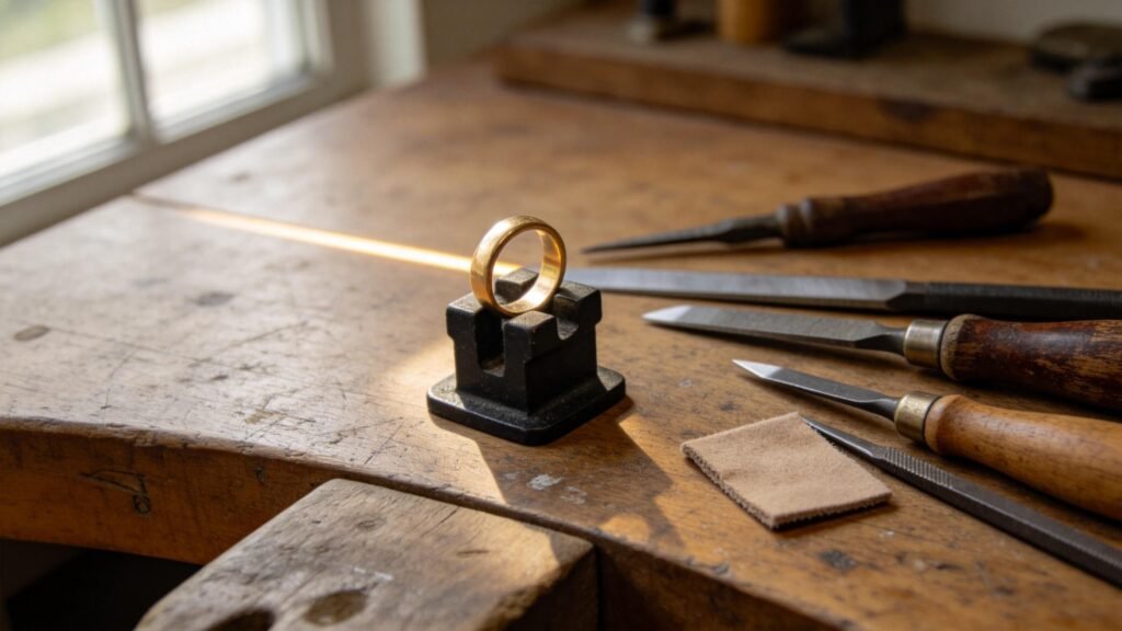 Jeweler‘s workbench with an unfinished 18K gold ring secured in a ring clamp, natural light, hand tools nearby.