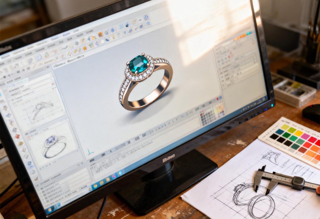 3D model of custom ring on jewelry design software screen