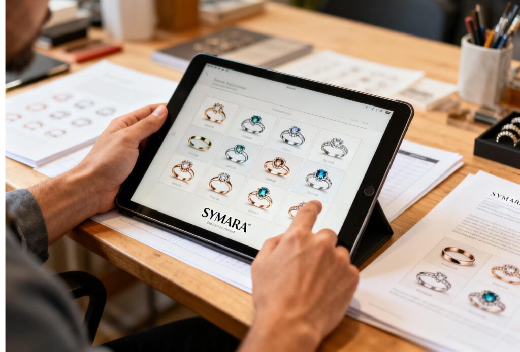 SYMARA jewelry designer showing custom ring portfolio to client