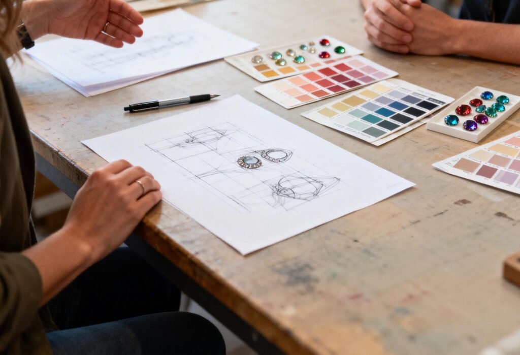 SYMARA jewelry designer consulting with client about custom ring design