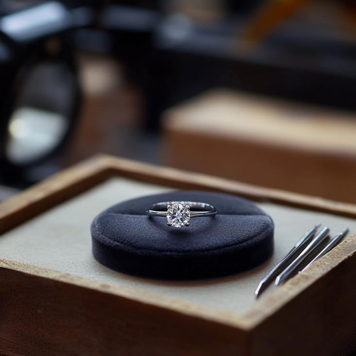 Custom eternity ring on velvet tray in SYMARA jewelry studio