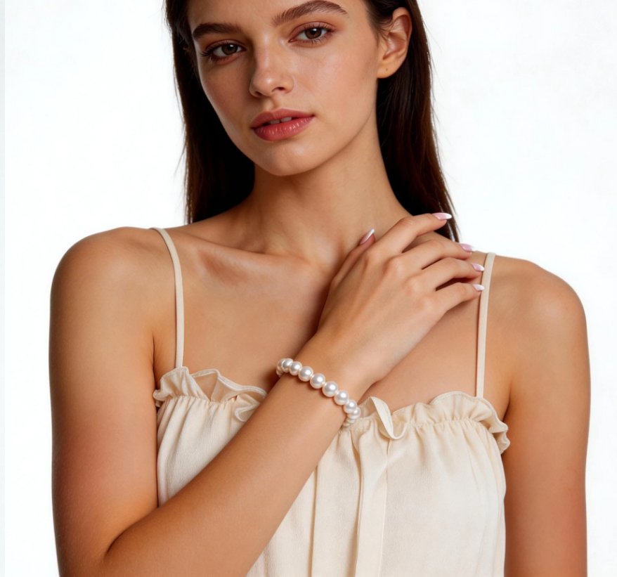 Woman Wearing SYMARA Dainty Freshwater Pearl Bracelet for Everyday Style