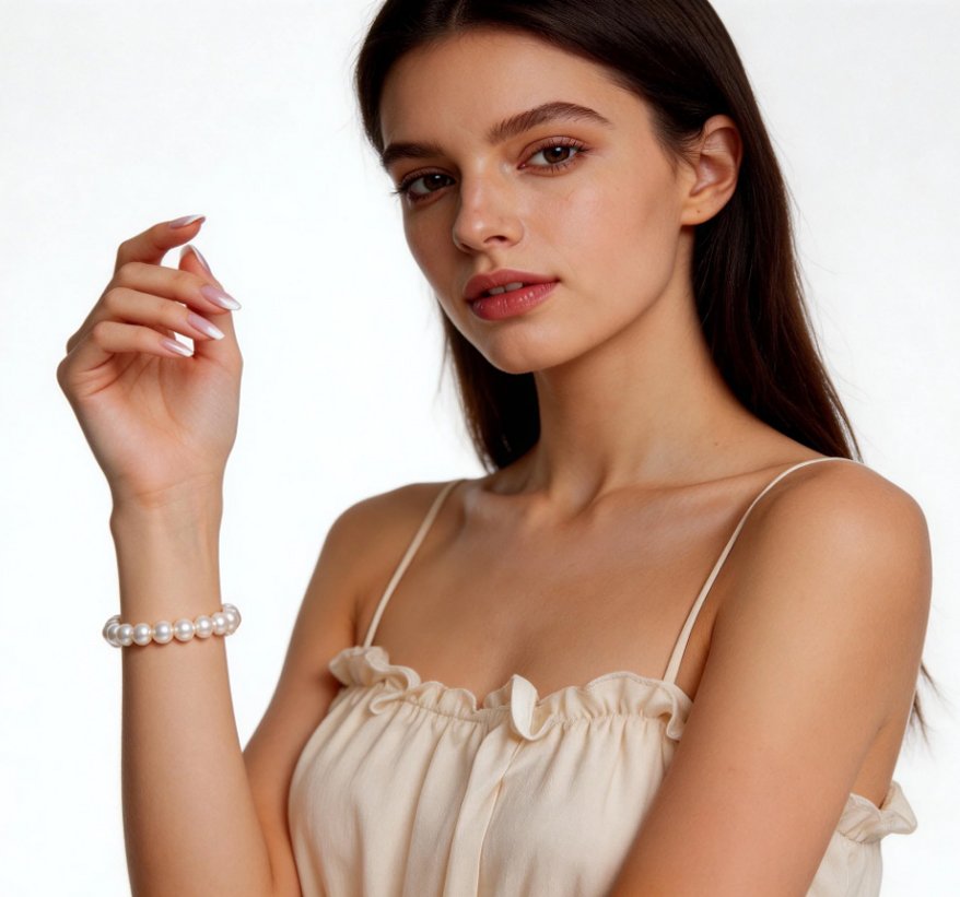 Woman Wearing SYMARA Dainty Freshwater Pearl Bracelet for Everyday Style