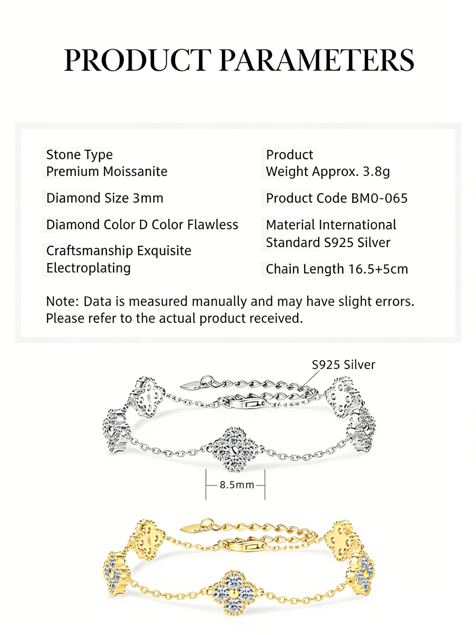 five four-leaf clovers bracelet in 925 silver with moissanite gems