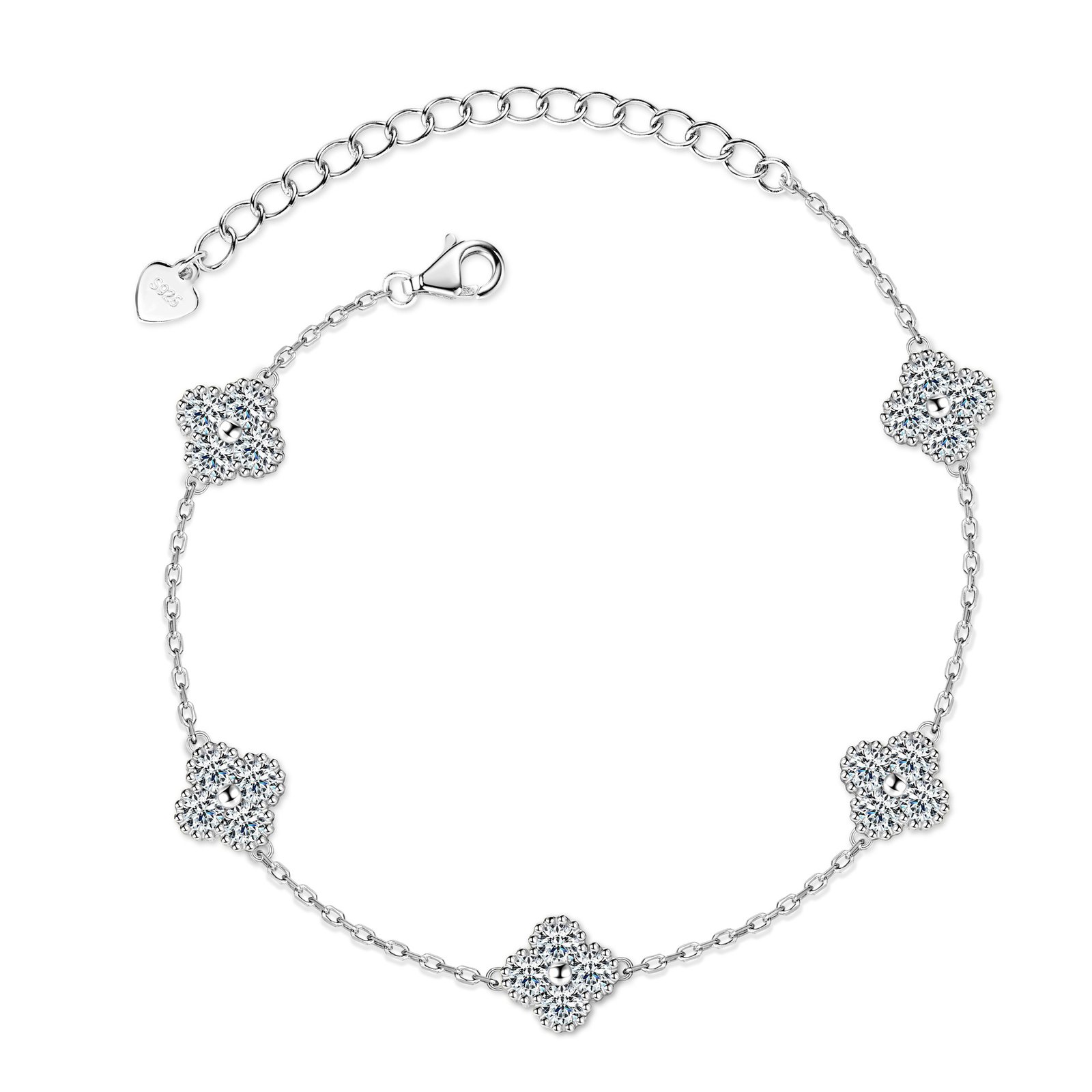 five four-leaf clovers bracelet in 925 silver with moissanite gems
