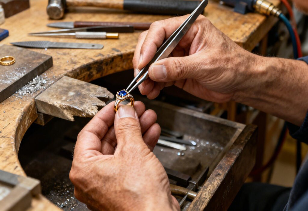 SYMARA goldsmith setting a diamond on custom ring by hand