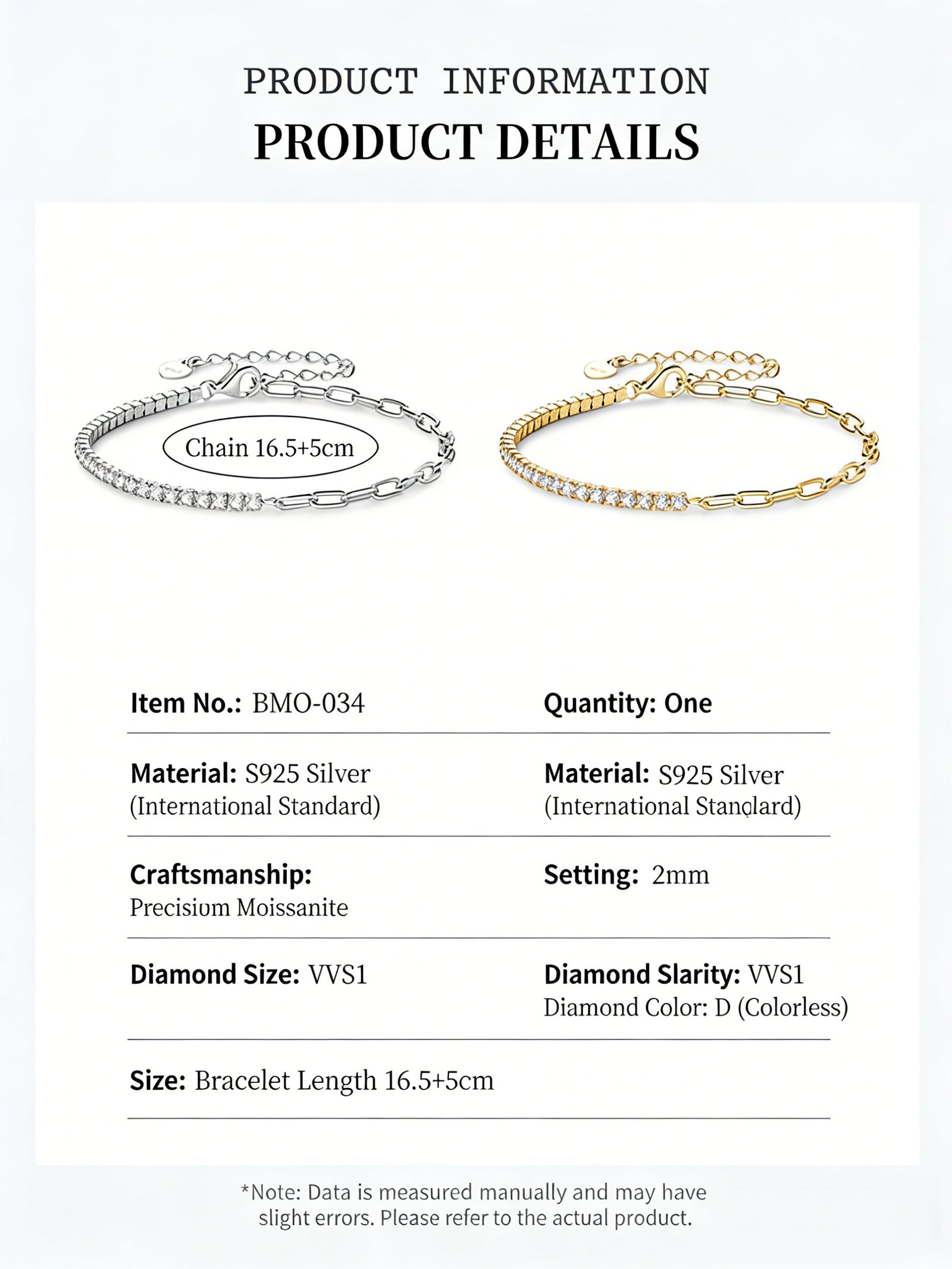 Adjustable 16+3cm chain on SYMARA half paperclip moissanite bracelet