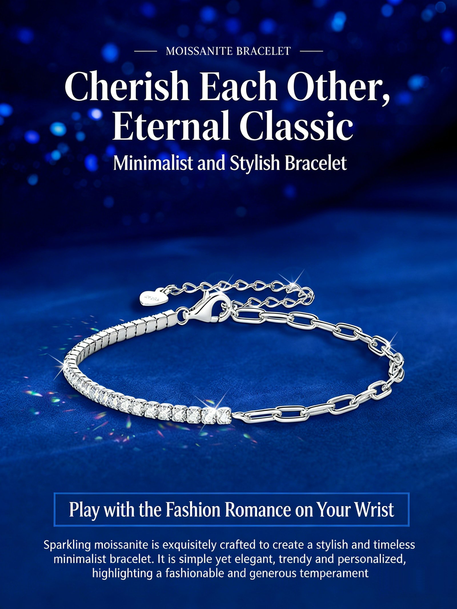 18K gold plated half paperclip bracelet by SYMARA with moissanite sparkle