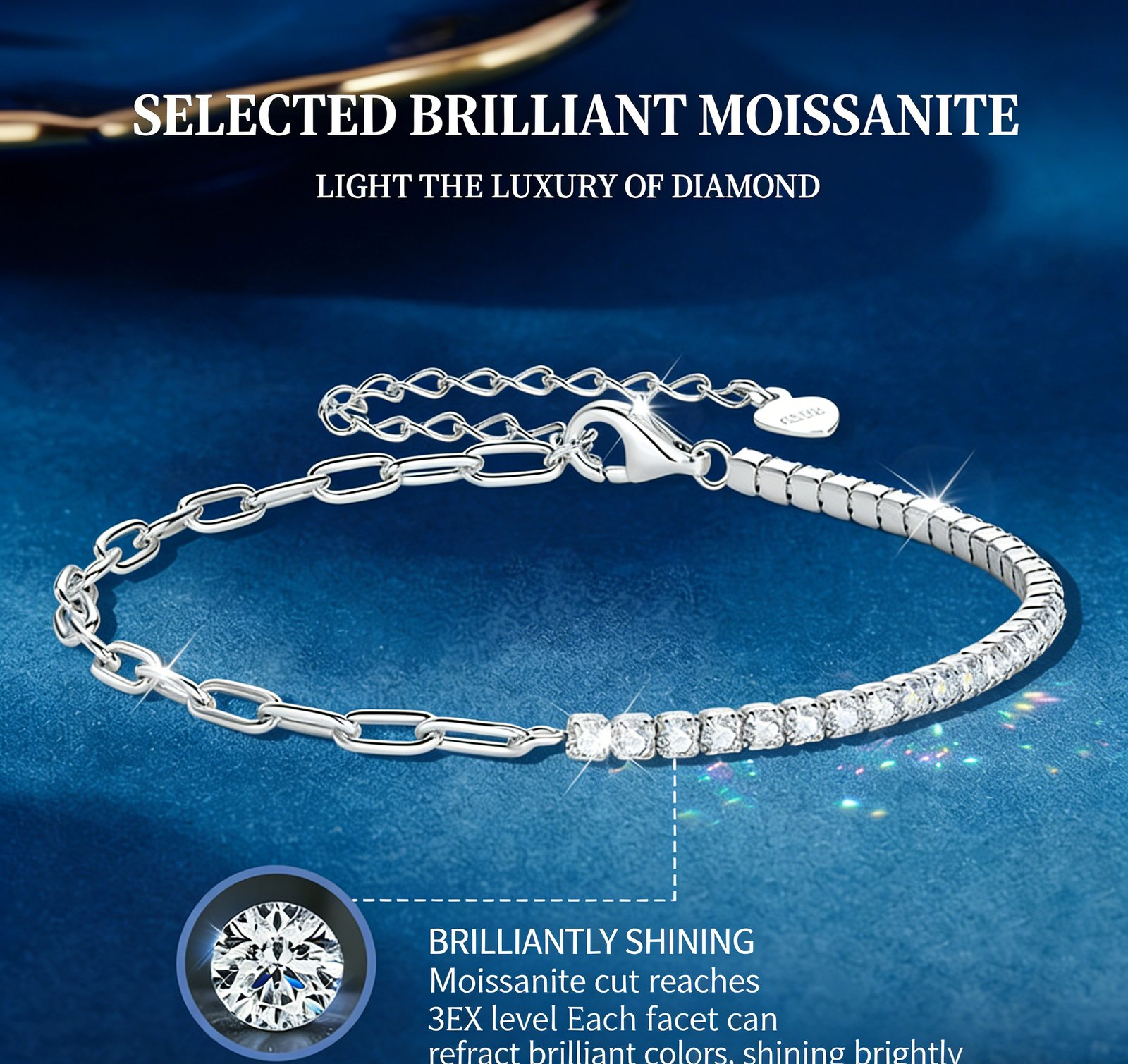 Adjustable 16+5cm chain on SYMARA half paperclip moissanite bracelet