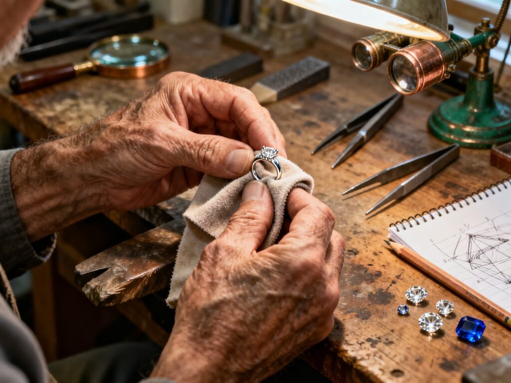 Close-up of a SYMARA jeweler‘s hands at an aged wooden workbench, carefully polishing a platinum ring setting amidst traditional tools and loose gemstones.