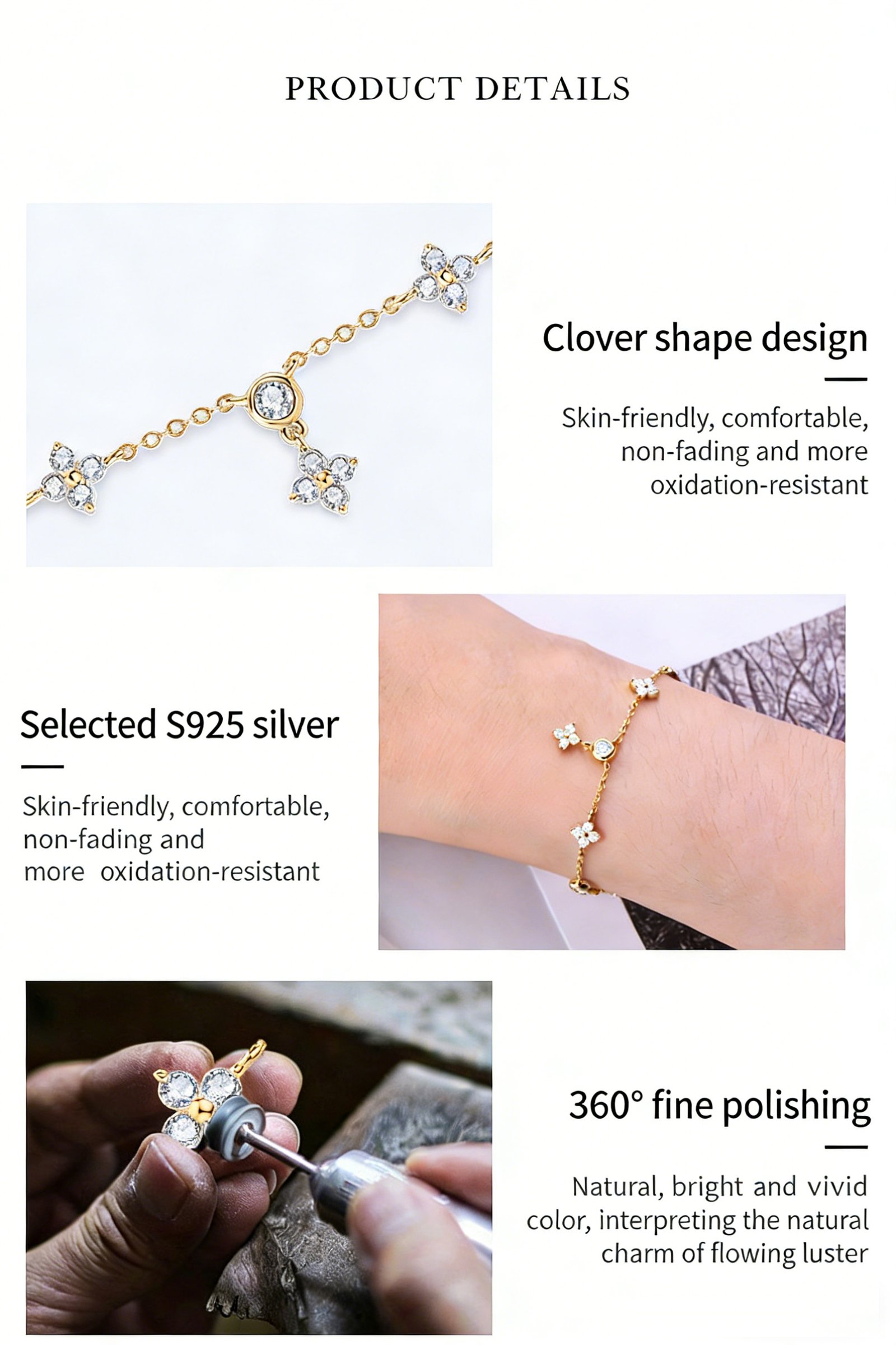 SYMARA lucky clover bracelet in 925 silver featuring D-color moissanite