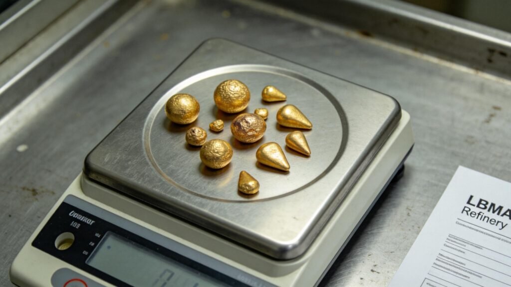 Recycled 18K gold grain on a precision scale with LBMA-certified refinery documentation visible.
