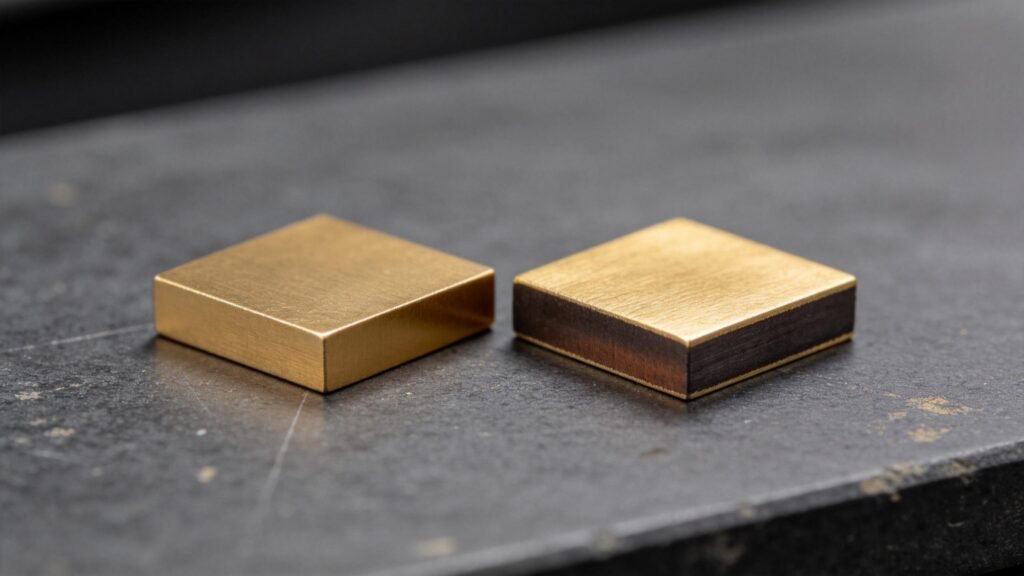 Side-by-side cross-section comparison of solid 18K gold and worn gold-filled jewelry showing layered construction.
