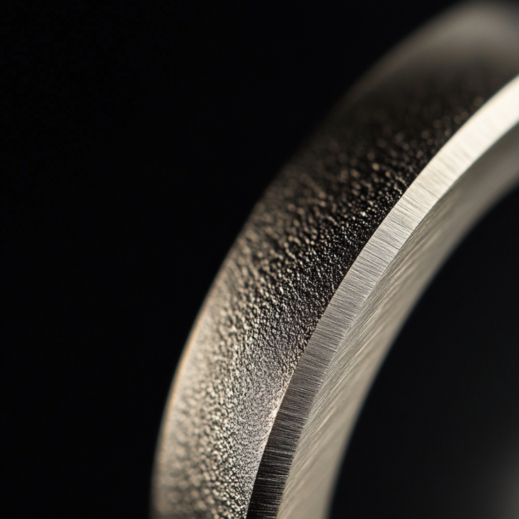 Extreme close-up of the hand-polished comfort edge on a SYMARA sandblasted titanium men‘s ring.