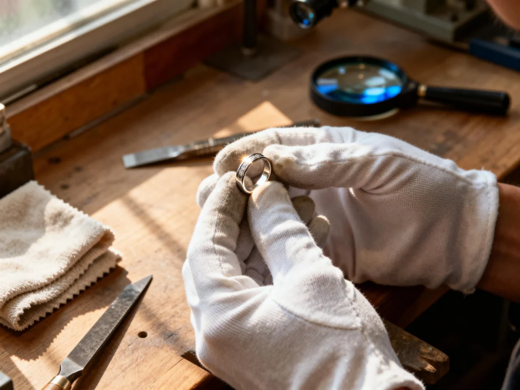 A gloved hand holds a platinum ring with a soft patina on a jeweler’s workbench with tools.