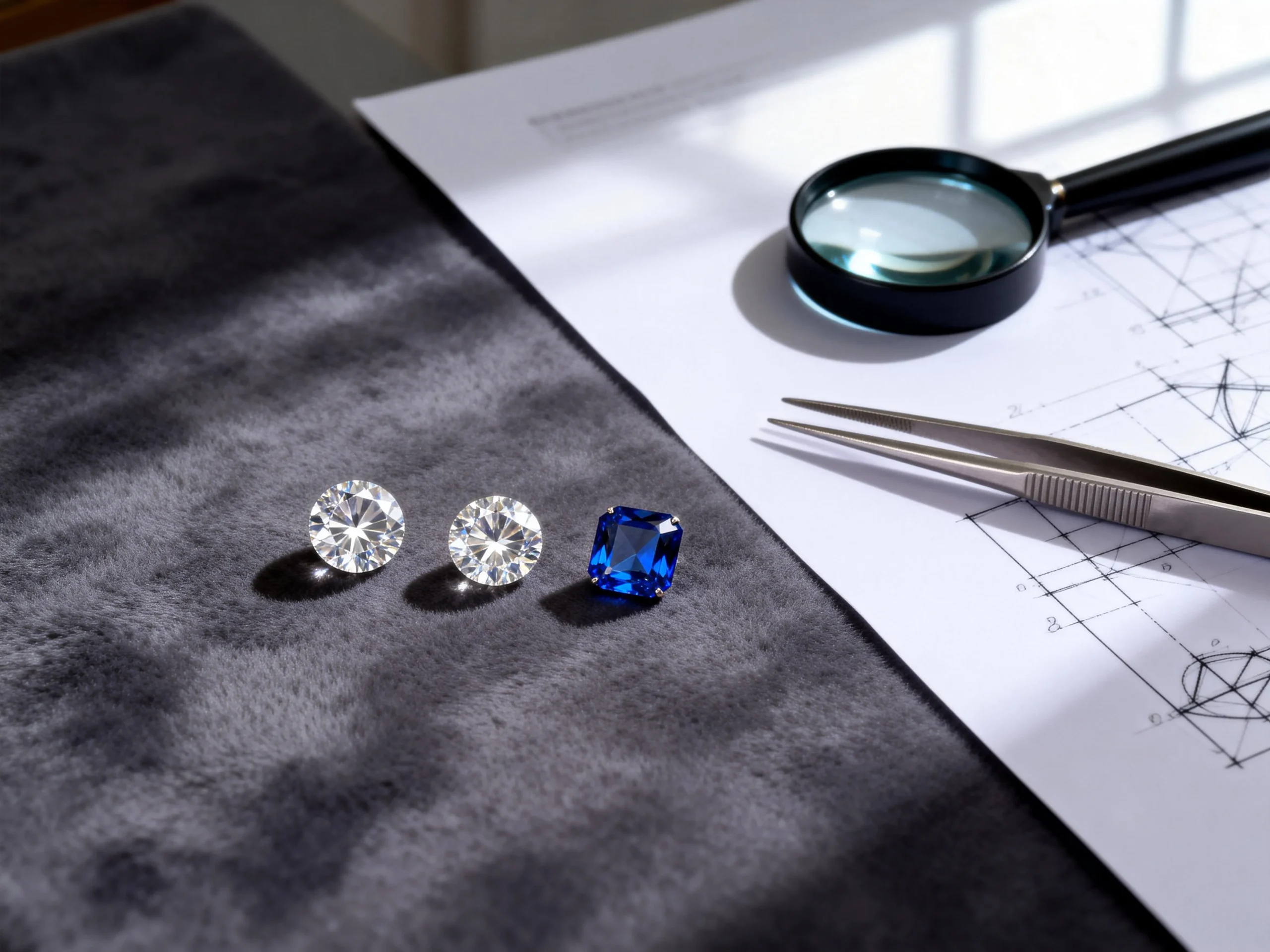 A selection of diamond, moissanite, and sapphire stones on a jeweler‘s bench with tools.