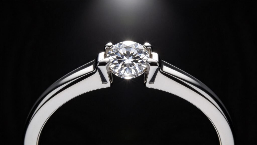 Side view of tension set diamond held by metal band