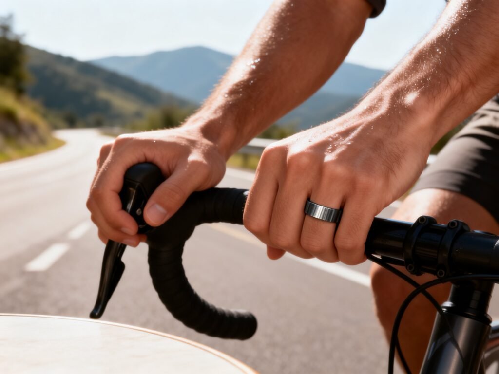 A man‘s hand wearing a brushed titanium wedding band