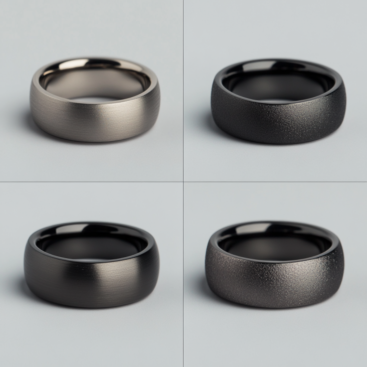 Four identical titanium bands showcasing different finishes: polished, sandblasted matte, stonewashed, and black DLC coating.