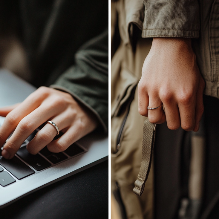 Lifestyle collage showing a titanium wedding band suitable for both professional and adventurous settings.