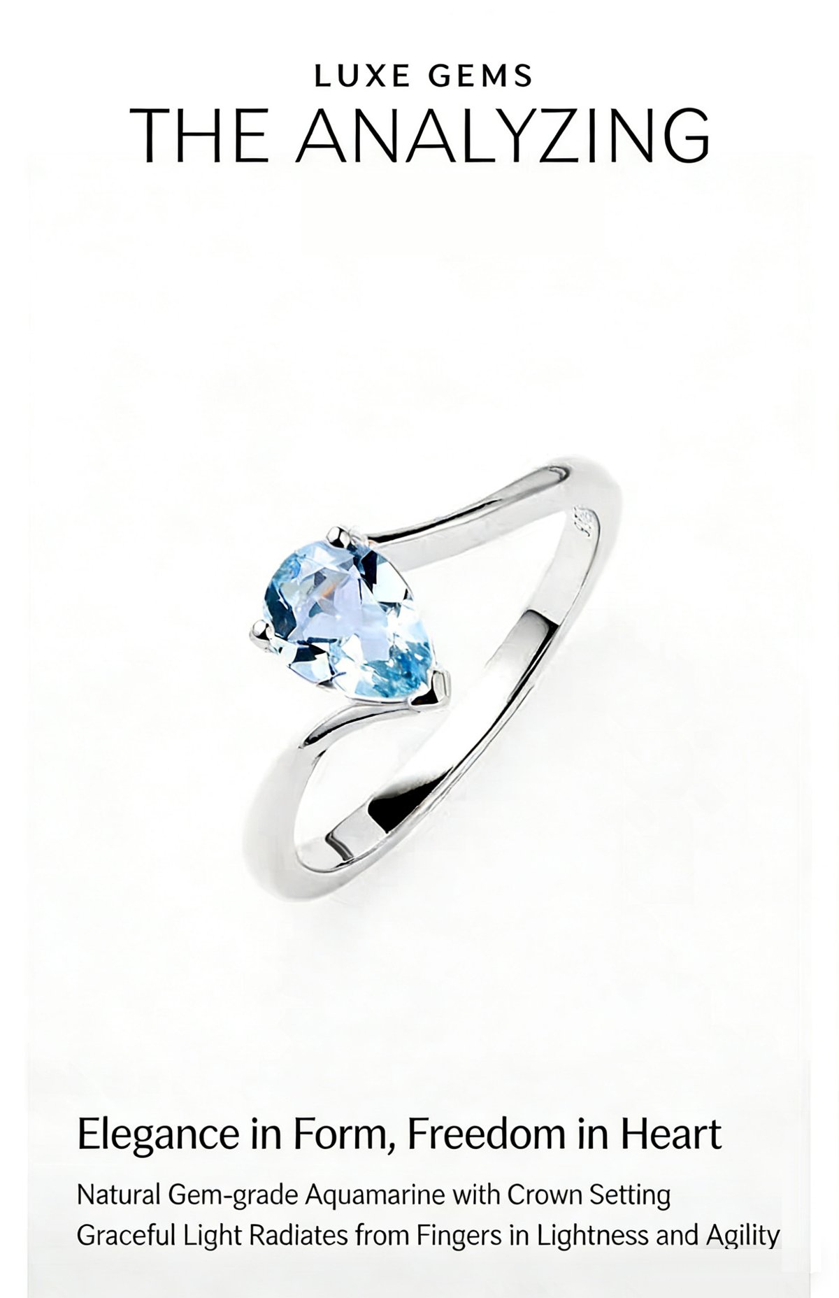 Pear Cut Aquamarine S925 Silver Ring with White Gold Plating