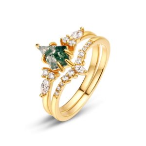 SYMARA Art Deco Moss Agate Ring, 10K gold-plated S925 silver, 6*9mm green moss agate, cubic zirconia accents