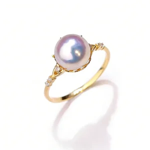 18K Gold Natural Japanese Akoya Saltwater Pearl Ring, Single Pearl Crown Design