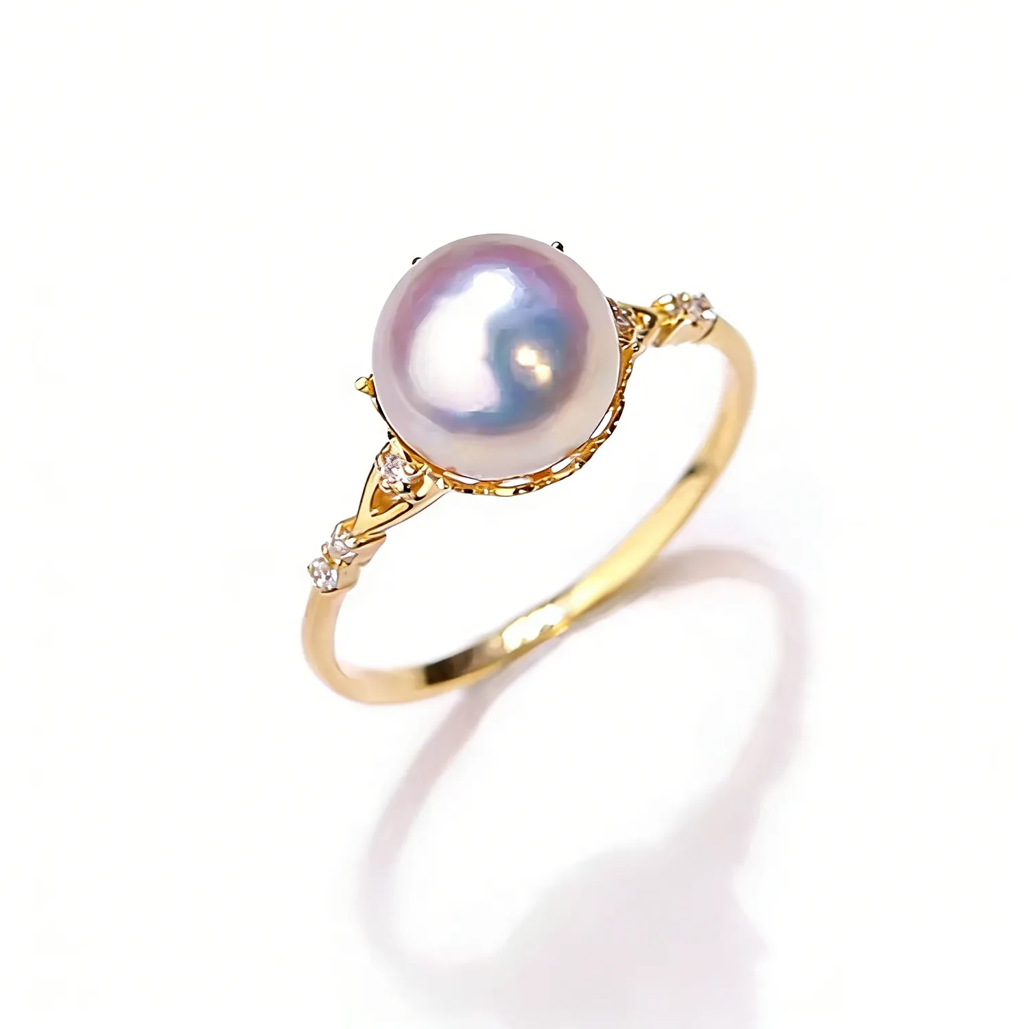 18K Gold Natural Japanese Akoya Saltwater Pearl Ring, Single Pearl Crown Design
