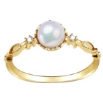 18K Gold Diamond Vintage Akoya Pearl Ring, Natural Saltwater Pearl Jewelry