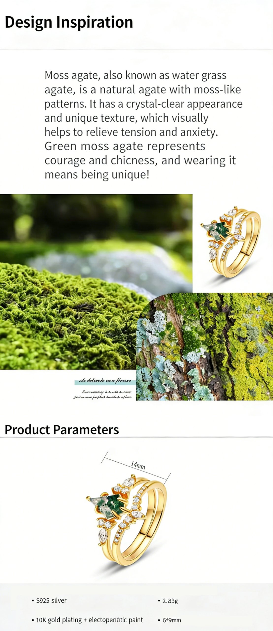 SYMARA Art Deco Moss Agate Ring, 10K gold-plated S925 silver