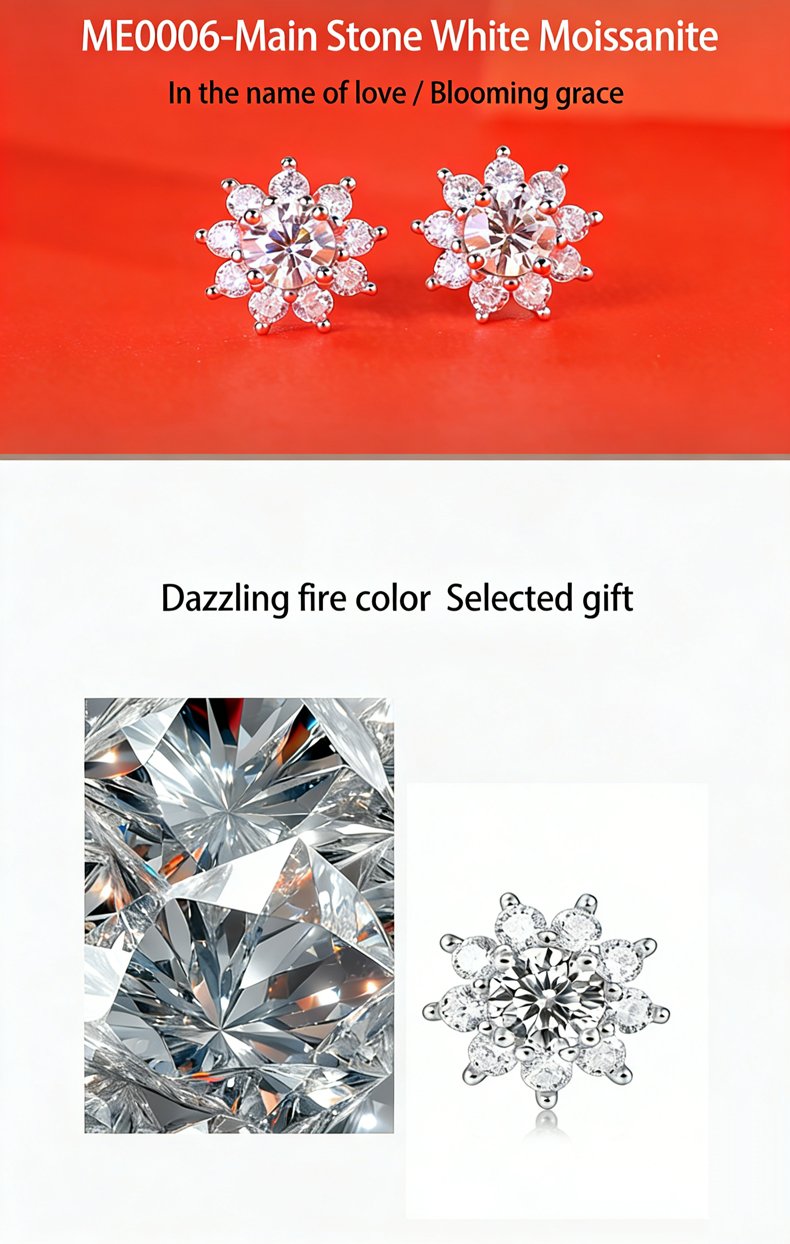 Detailed view of crown prong setting on sunflower moissanite stud in 925 silver