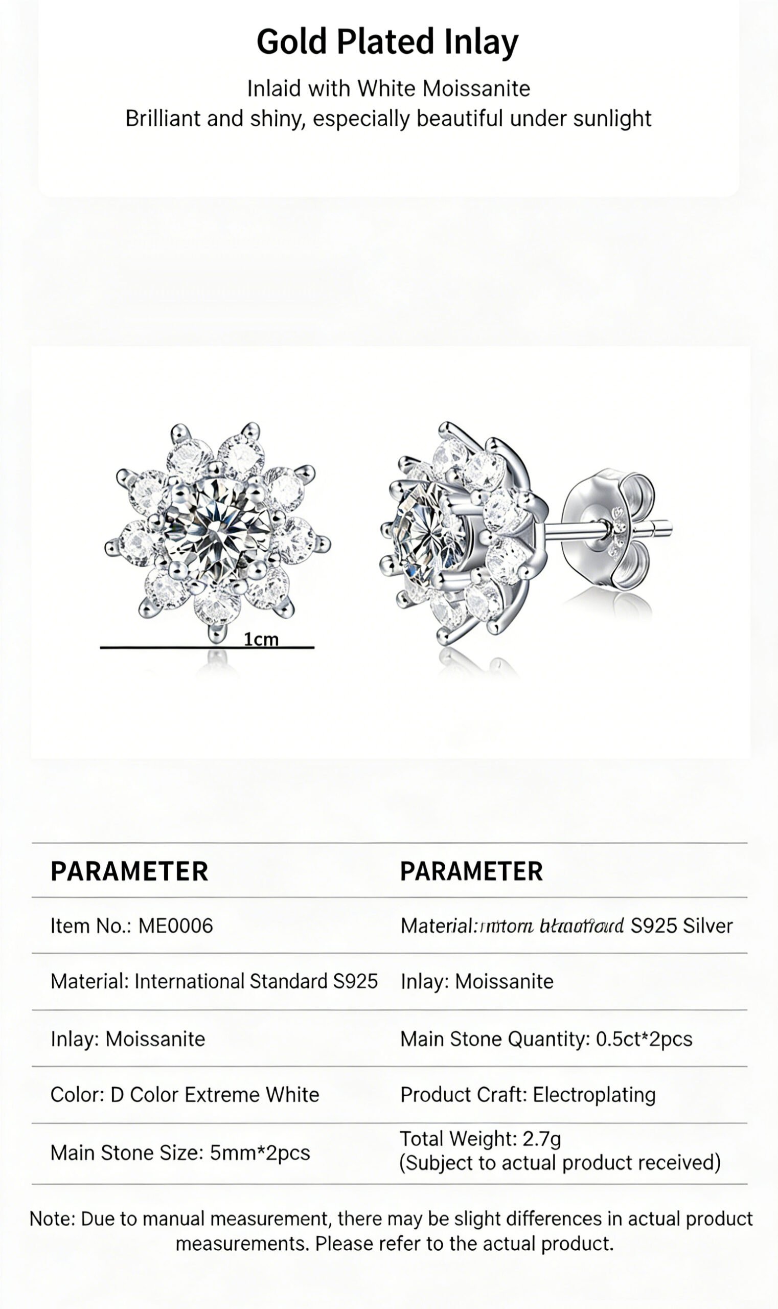 Friction back closure on moissanite earrings in white gold plated silver, secure and comfortable