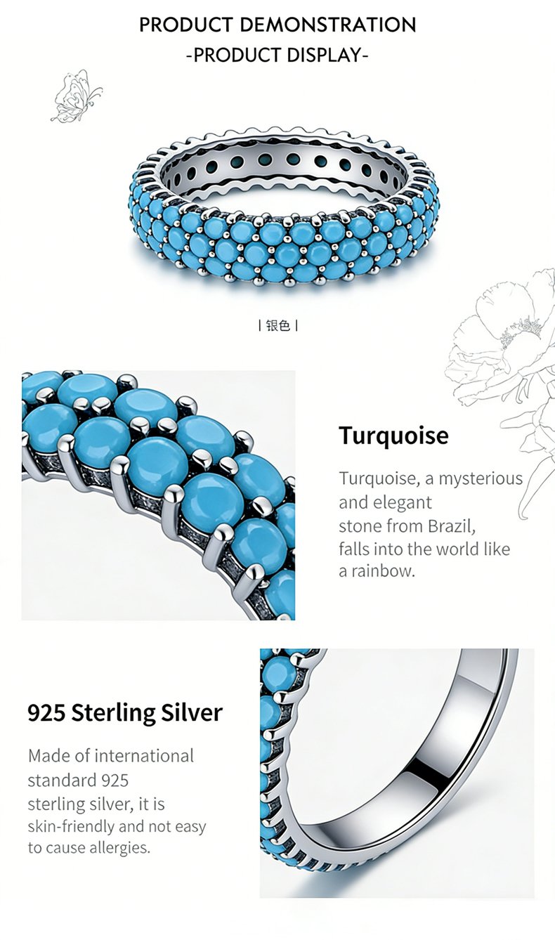 Detailed view of the pavé-set synthetic turquoise stones on SYMARA S925 silver eternity ring, emphasizing brilliant cut and secure setting.
