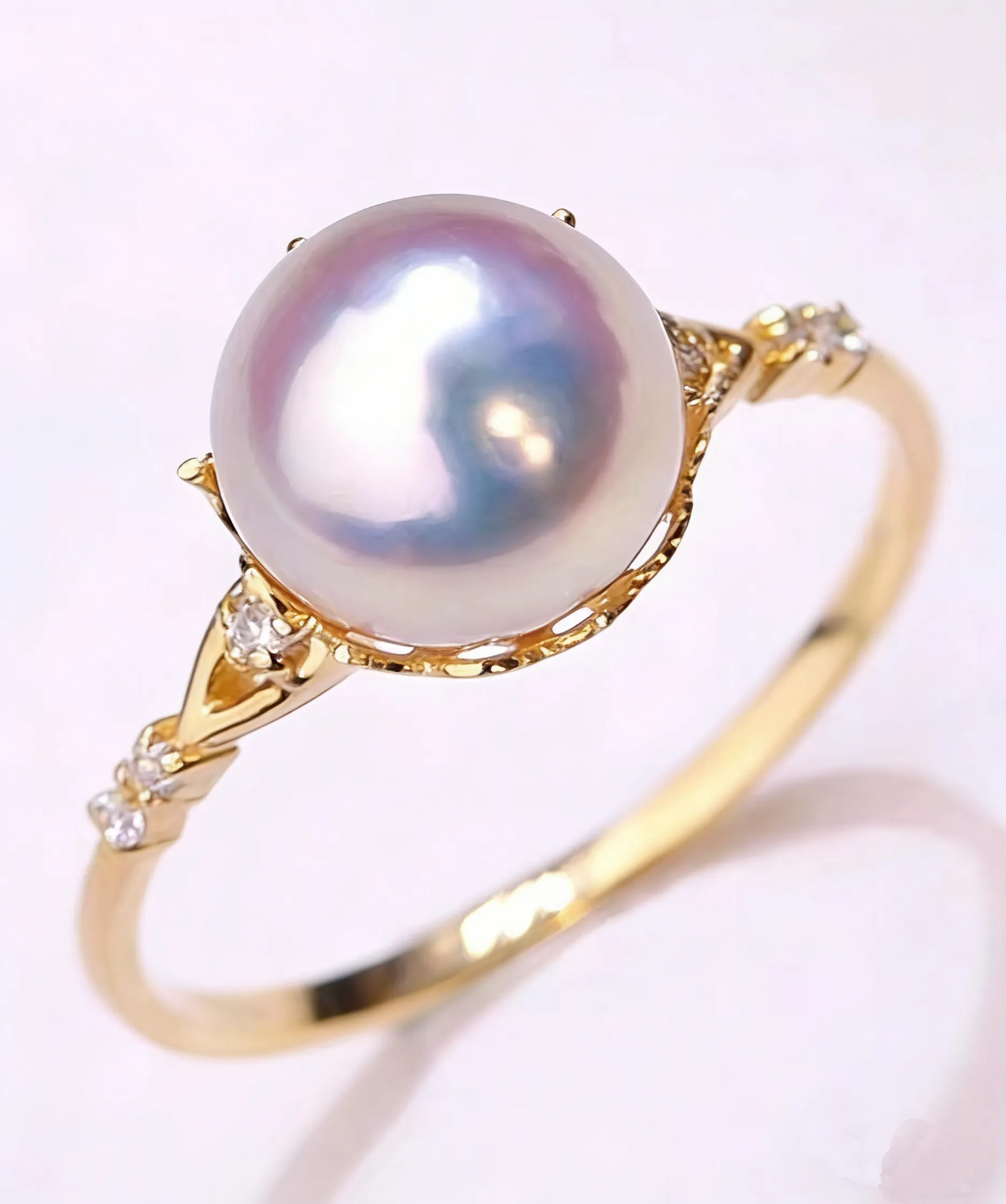 18K Gold Natural Japanese Akoya Saltwater Pearl Ring, Single Pearl Crown Design