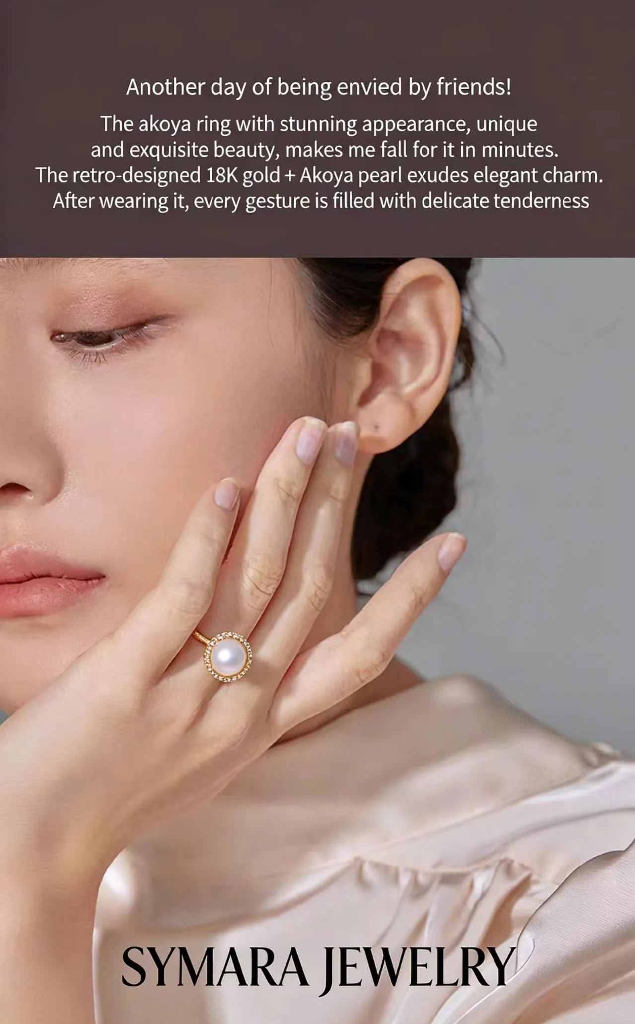 Model Wearing 18K Gold Akoya Pearl Ring, Elegant Ladies’ High-End Pearl Ring