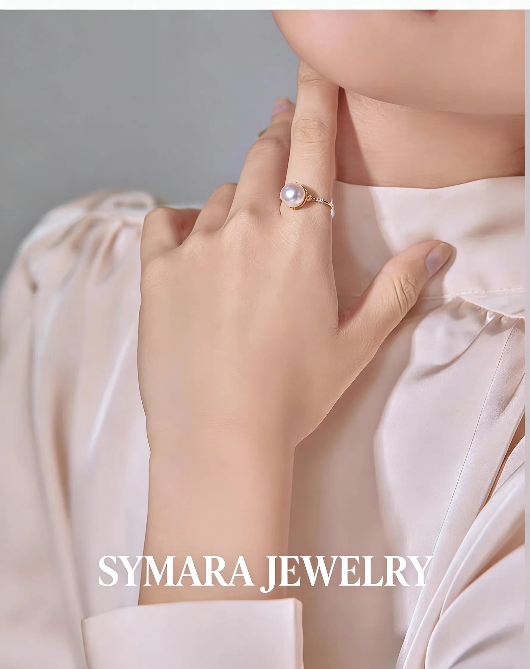 Model Wearing 18K Gold Akoya Pearl Ring, Elegant Ladies’ High-End Pearl Ring
