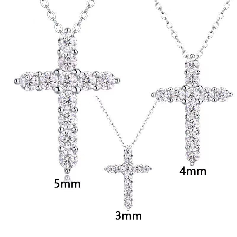 Close-up of D-Color Moissanite Cross Pendant on clean white background, showcasing brilliant fire and sparkle, highlighting the polished S925 silver material and elegant cross silhouette.